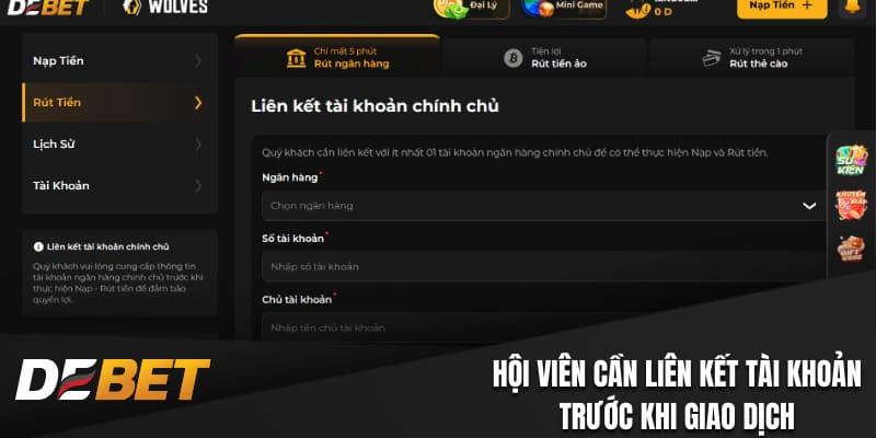Hội viên cần liên kết tài khoản trước khi giao dịch