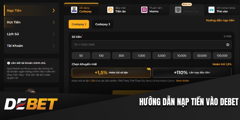 Hướng dẫn nạp tiền vào Debet