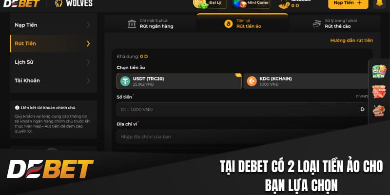 Tại Debet có 2 loại tiền ảo cho bạn lựa chọn